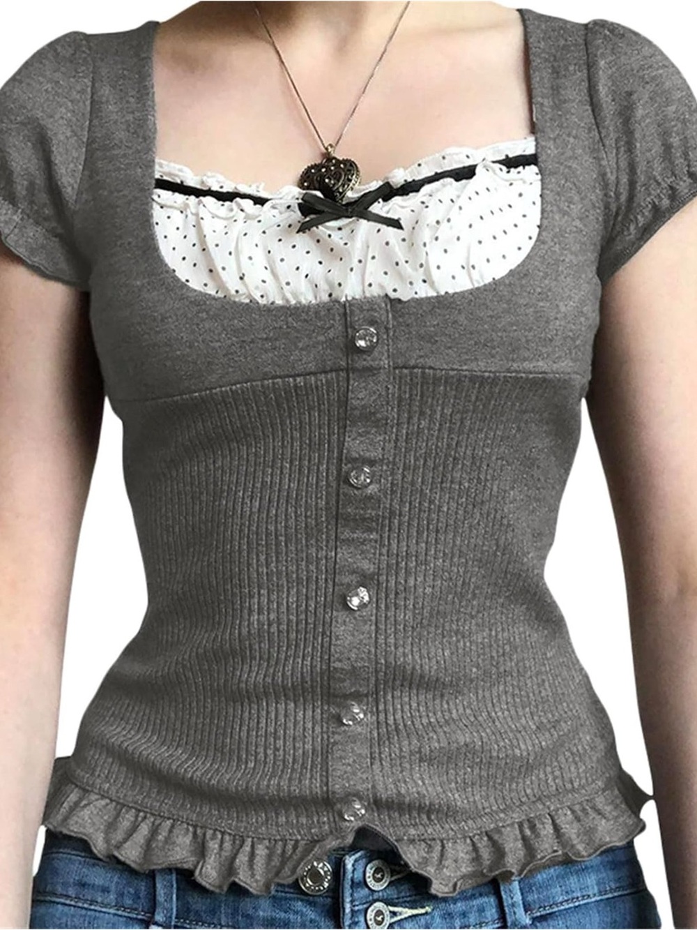Coquette Milkmaid Top with White Polka Dot - anime aesthetic